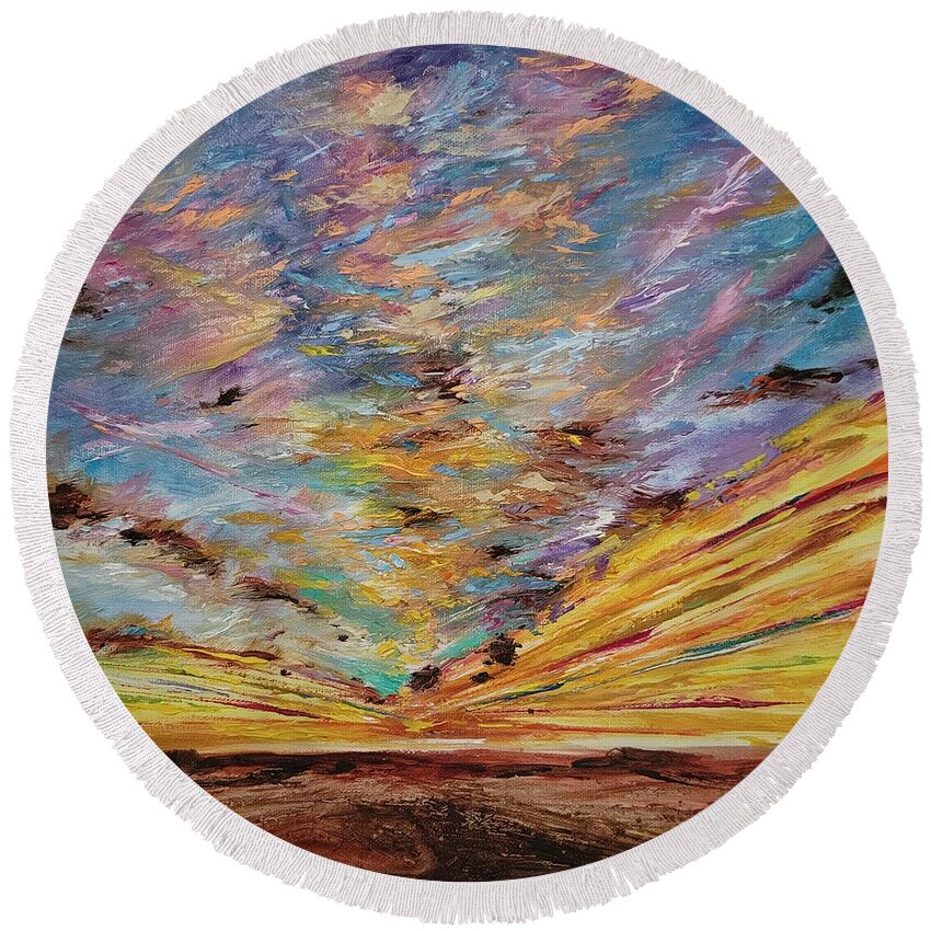 Arizona Round Beach Towel featuring the painting A Flag is Born by Judith Rhue