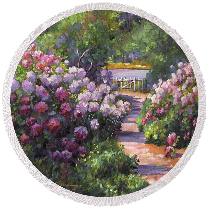 Lakeshore; Gardens; Garden Path; Sunlight; Blooms; Flowers; Spring; Trees; Sunlight; Shadows; Beauty; Impressionist; Romantic; Decorative; Dramatic; David Lloyd Glover Round Beach Towel featuring the painting A Garden Walk To The Lake by David Lloyd Glover