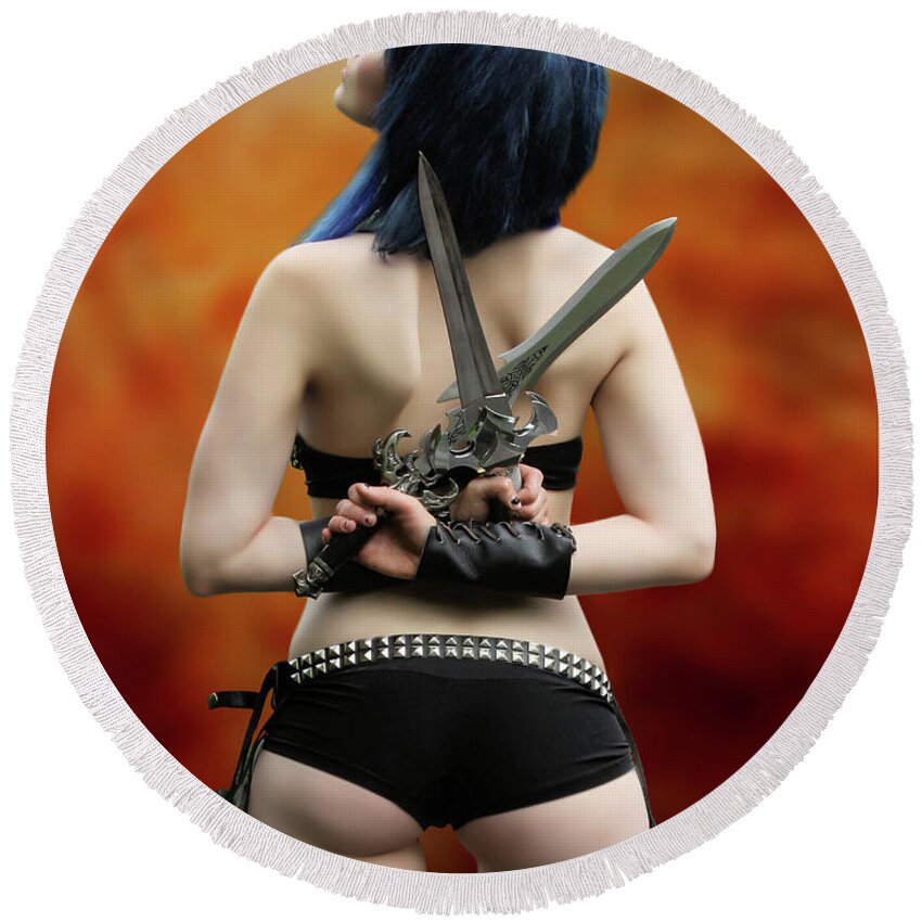 Girl Round Beach Towel featuring the photograph A Girl And Her Knives by Jon Volden