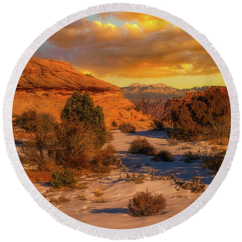 Evening Round Beach Towel featuring the photograph A Glimpse of La Sal by Kenneth Everett