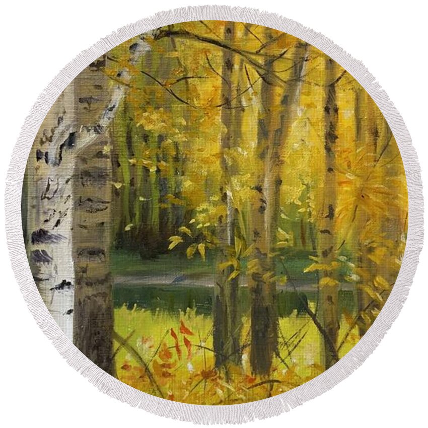 Landscape Round Beach Towel featuring the painting A Golden Moment by Tammy Taylor