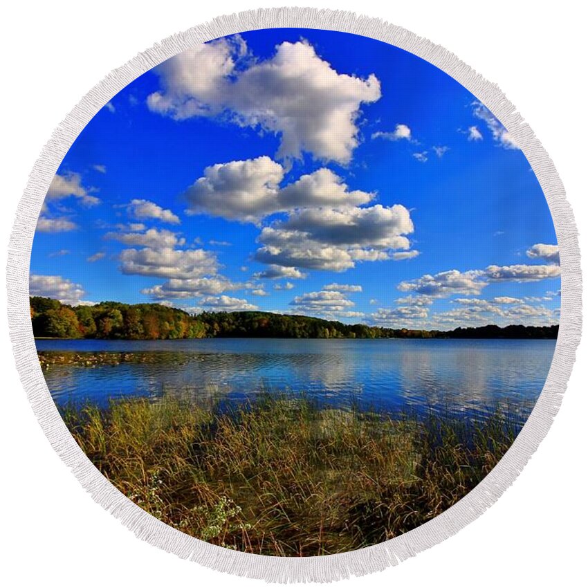 Landscape Round Beach Towel featuring the photograph A Hint of Fall by Mary Walchuck