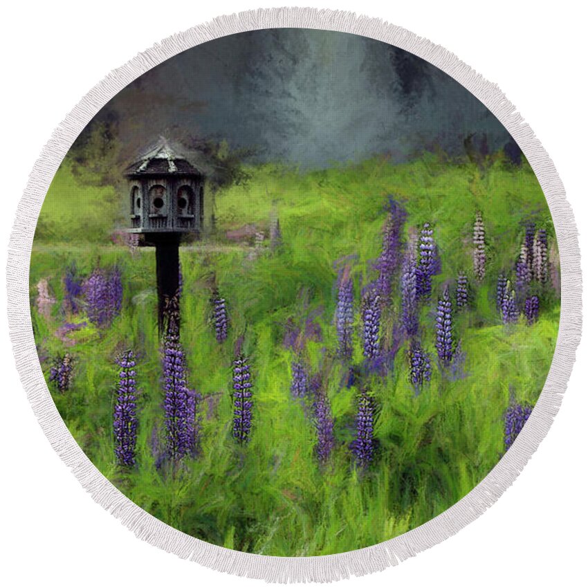 Lupinefest Round Beach Towel featuring the photograph A Home Among the Lupine Redux by Wayne King