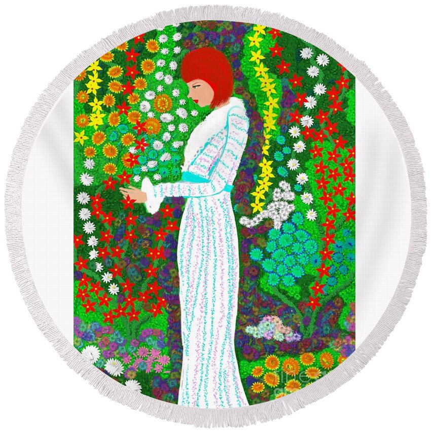 Flowers Round Beach Towel featuring the digital art A lady in the garden by Elaine Hayward