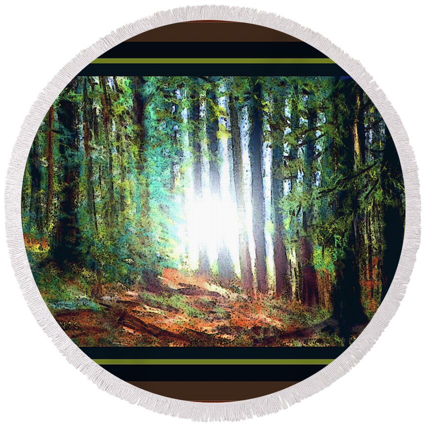  Round Beach Towel featuring the photograph A Light in the Forest by Shirley Moravec