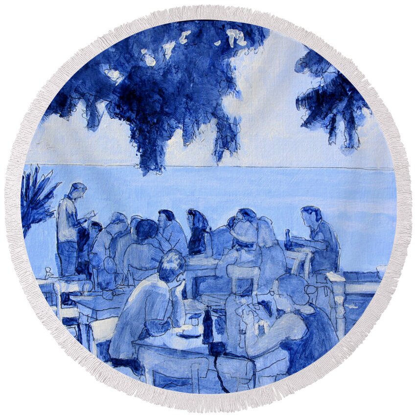 Dining Al Fresco Round Beach Towel featuring the painting A Lunch in Crete by David Zimmerman