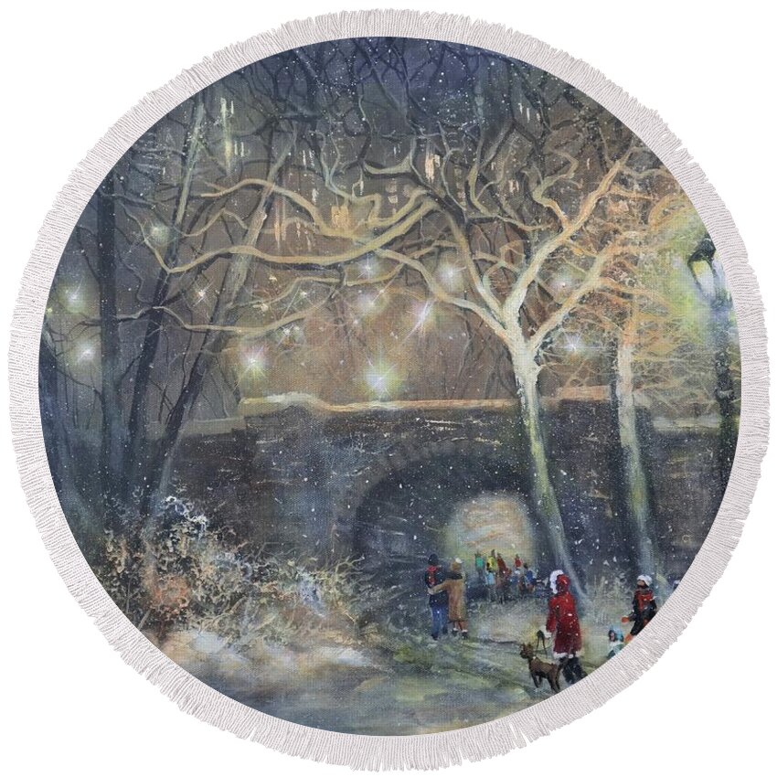 Snowfall Round Beach Towel featuring the painting A Magical Walk by Tom Shropshire