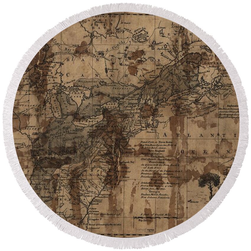 Map Round Beach Towel featuring the painting A map of the British and French settlements in North America. LOC 73694933 by MotionAge Designs