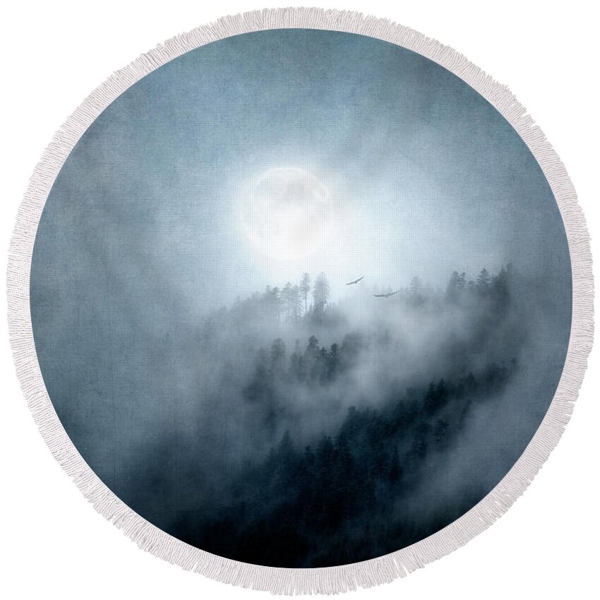 Landscape Round Beach Towel featuring the photograph A Moon in the Mist by Philippe Sainte-Laudy