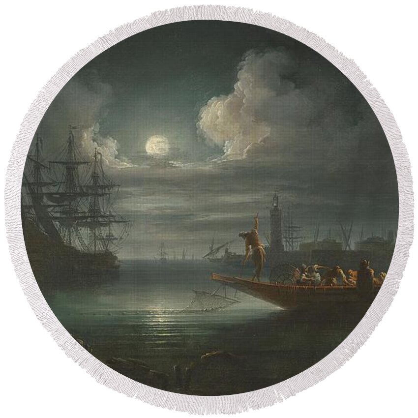  Round Beach Towel featuring the drawing A moonlit Mediterranean harbour with fishermen pulling in their catch a fullrigged pinnace and other by Francesco Fidanza Italian