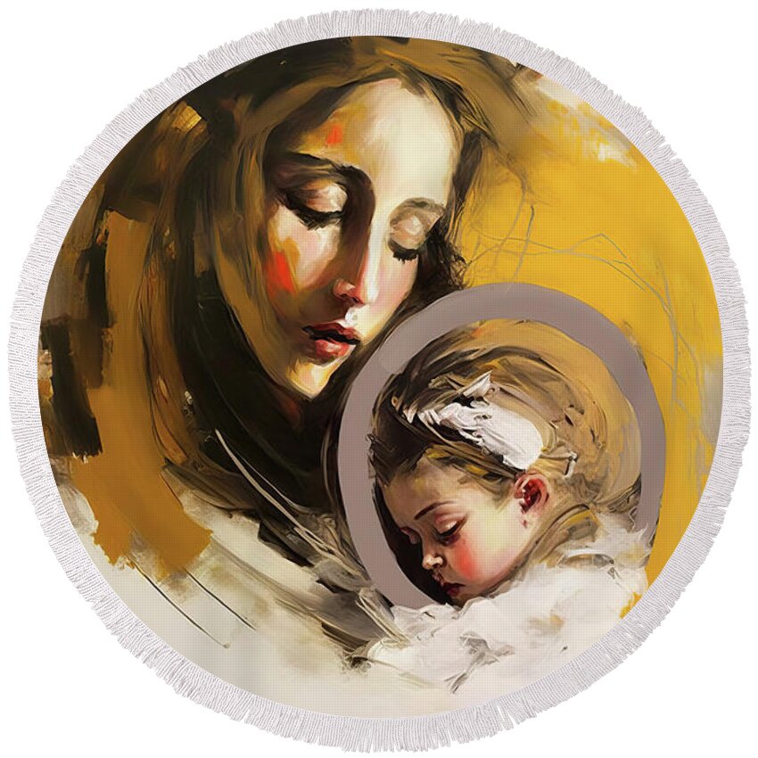 Family Round Beach Towel featuring the painting A Mother's Love by Greg Collins