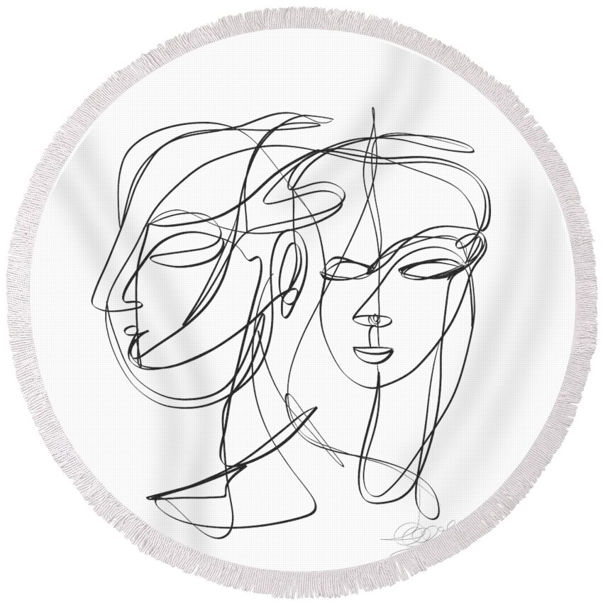 Sketch Round Beach Towel featuring the digital art A one-line abstract drawing depicting two faces in a symbiotic relationship by OLena Art