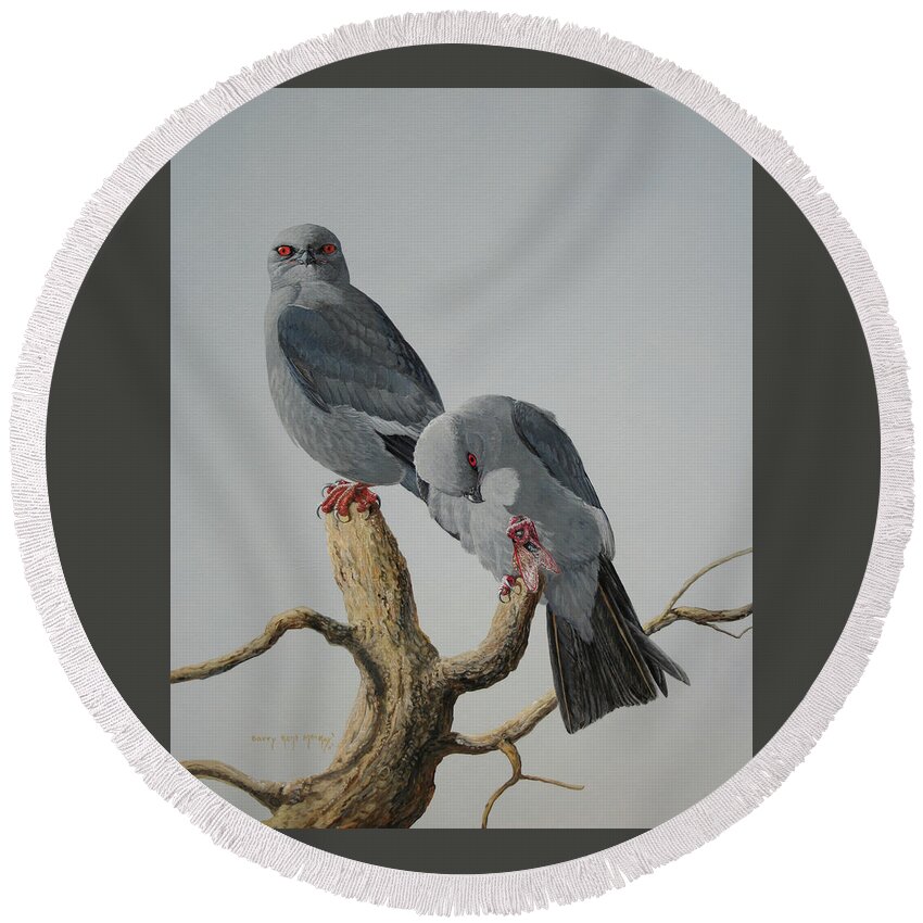 Barry Kent Mackay Round Beach Towel featuring the painting A Pair of Mississippi Kites by Barry Kent MacKay