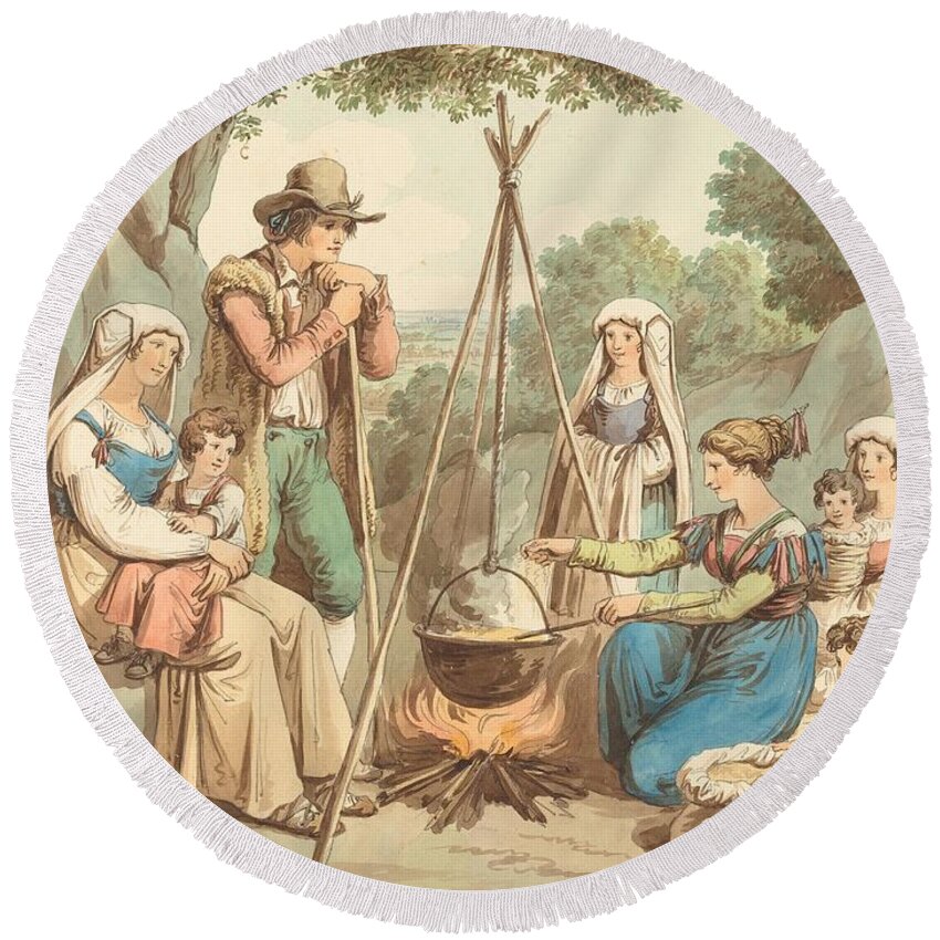 A Round Beach Towel featuring the drawing A Peasant Family Cooking Over A Campfire art by Bartolomeo Pinelli Italian