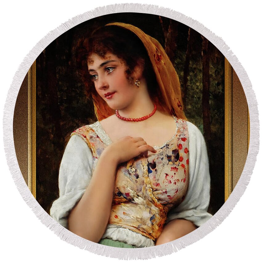 A Pensive Beauty Round Beach Towel featuring the painting A Pensive Beauty by Eugen von Blaas Classical Art Reproduction by Rolando Burbon
