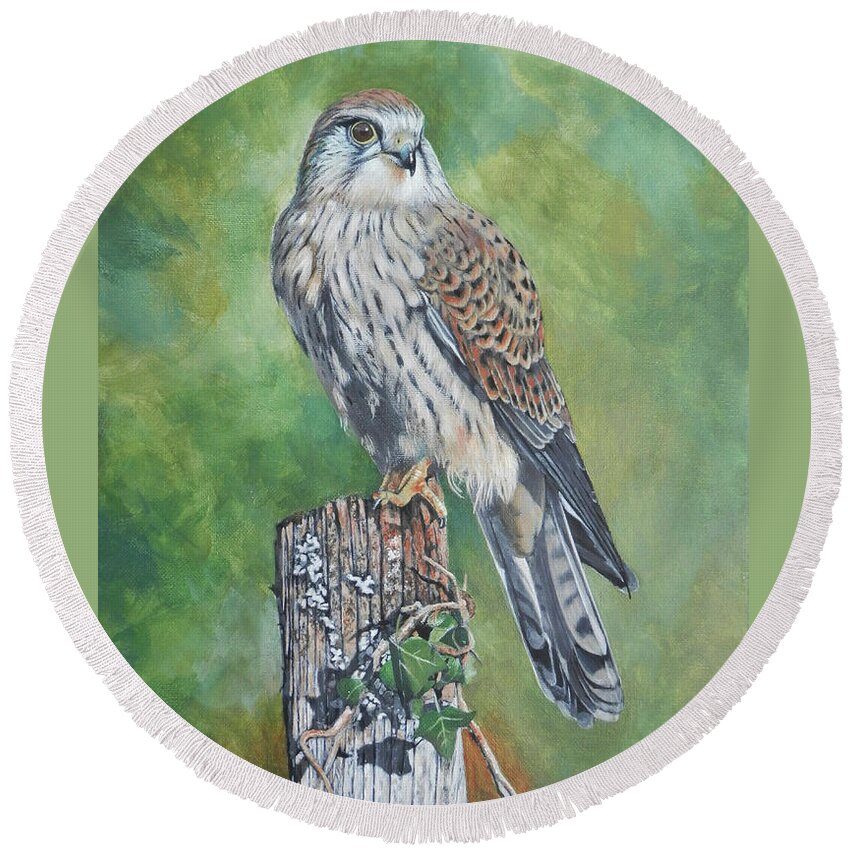 Kestrel Round Beach Towel featuring the painting A Perched Kestrel by John Neeve