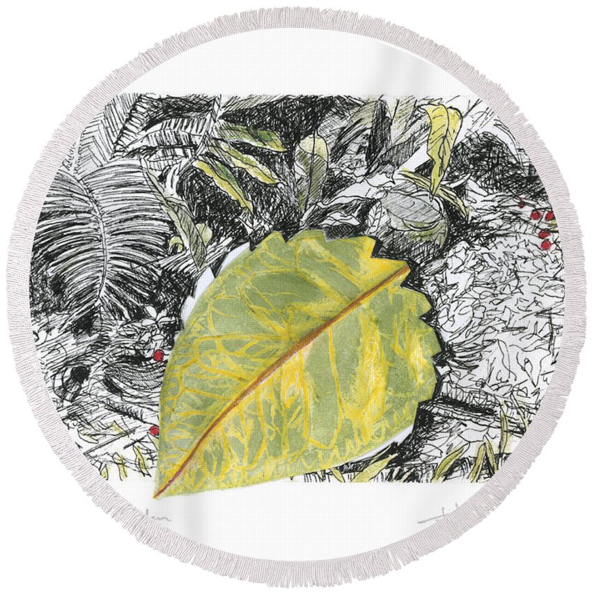 Fine Art Round Beach Towel featuring the drawing A Potters Garden - Section 03 by Kerryn Madsen- Pietsch