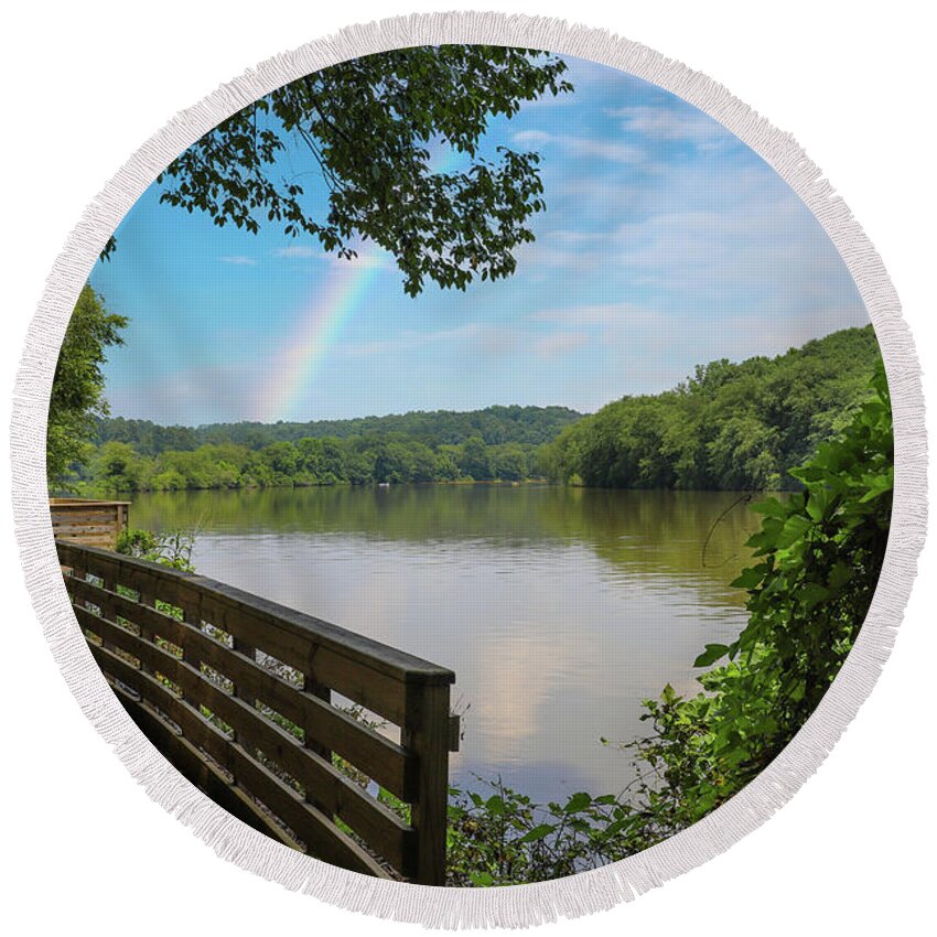 Water Round Beach Towel featuring the photograph A Rainbow Over the Roswell Riverwalk Boardwalk by Marcus Jones