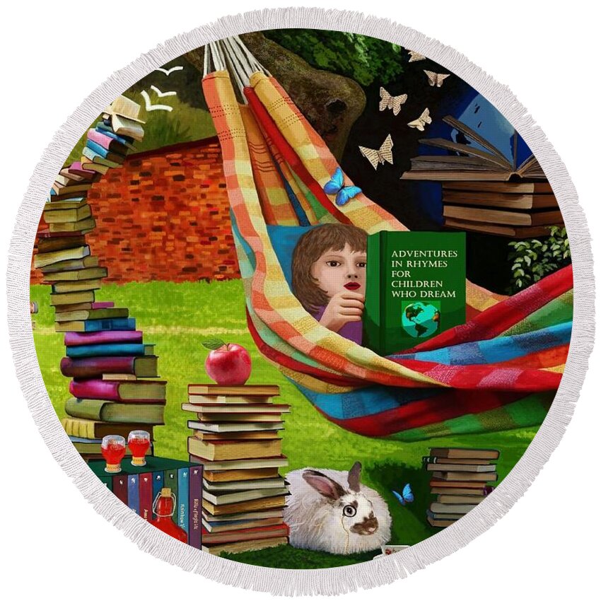 Books Round Beach Towel featuring the painting A Reader Dreams by Jackie Case