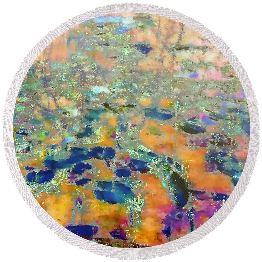 Glowing Sunset Reflected Over The Lily Pond Round Beach Towel featuring the painting A Reflection of Sunset over the Lily Pond by Bonnie Marie
