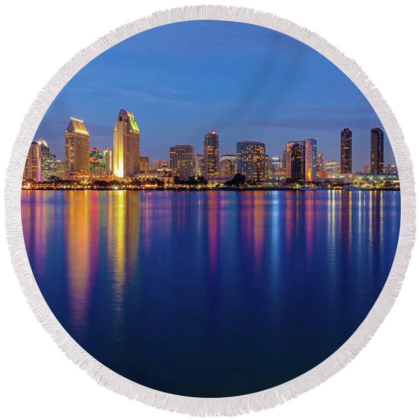 Beach Round Beach Towel featuring the photograph A Rich Evening Colors of the San Diego Skyline by David Levin