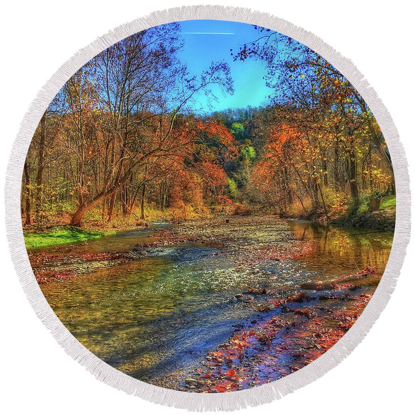 Photo Round Beach Towel featuring the photograph A River in Fall by Anthony M Davis