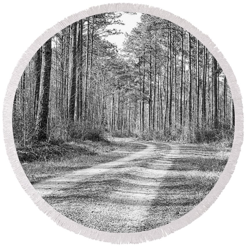 Forest Round Beach Towel featuring the photograph A Road Runs Through It - Pine Forest Wilderness by Bob Decker