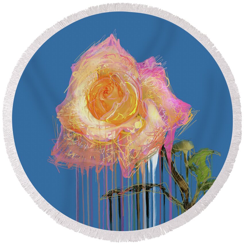 Rose Round Beach Towel featuring the mixed media A Rose By Any Other Name - Blue by BFA Prints