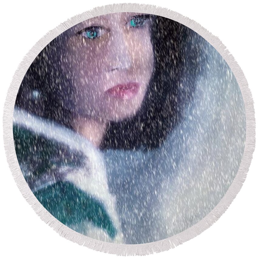 Soft Round Beach Towel featuring the painting A Sad Gaze In The Snow by Lisa Kaiser