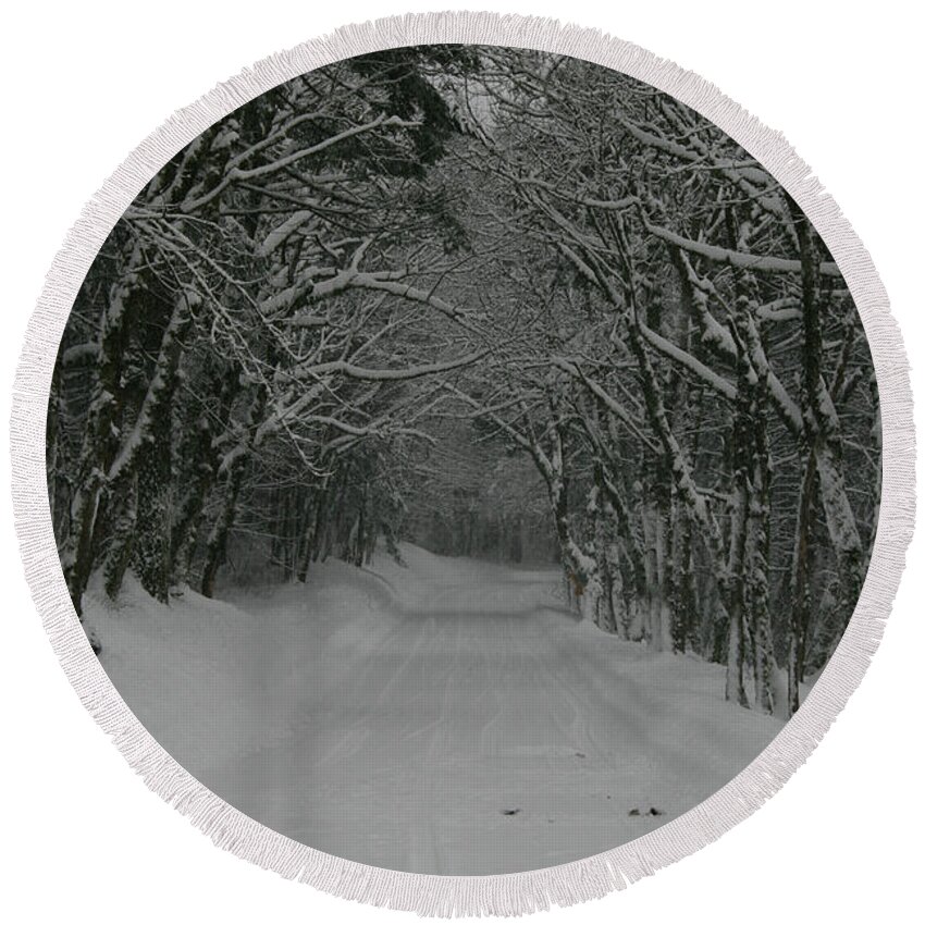 Snow Round Beach Towel featuring the photograph A Snowy Road Less Travelled by Leslie Struxness