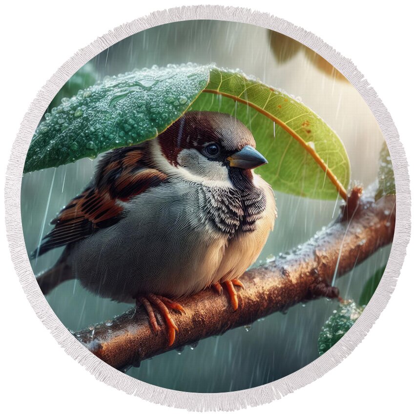 Sparrow Round Beach Towel featuring the photograph A Sparrow's Solitude in the Cold Rain by Bill and Linda Tiepelman