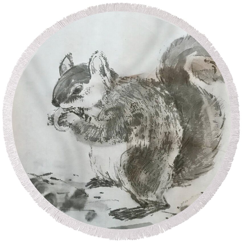 Japanese Round Beach Towel featuring the painting A Squirrel by Fumiyo Yoshikawa