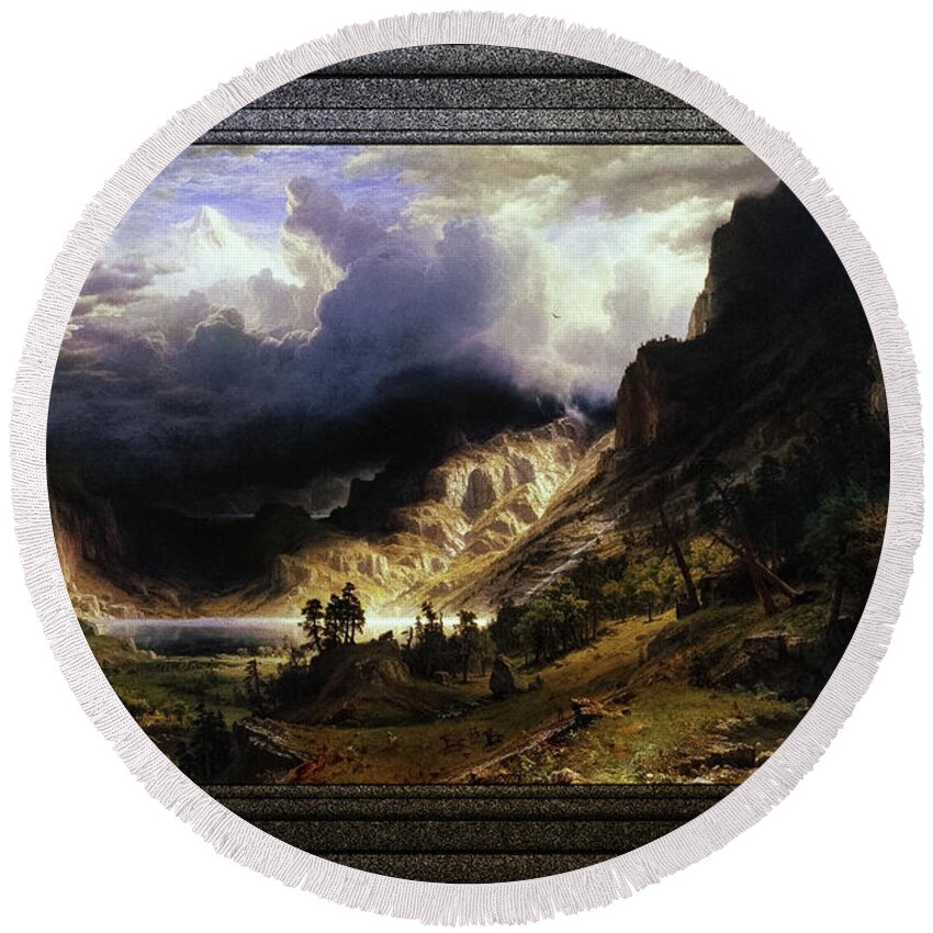 A Storm In The Rocky Mountains Round Beach Towel featuring the painting A Storm in the Rocky Mountains, Mt. Rosalie by Albert Bierstadt Classical Fine Art Old Masters Repro by Rolando Burbon