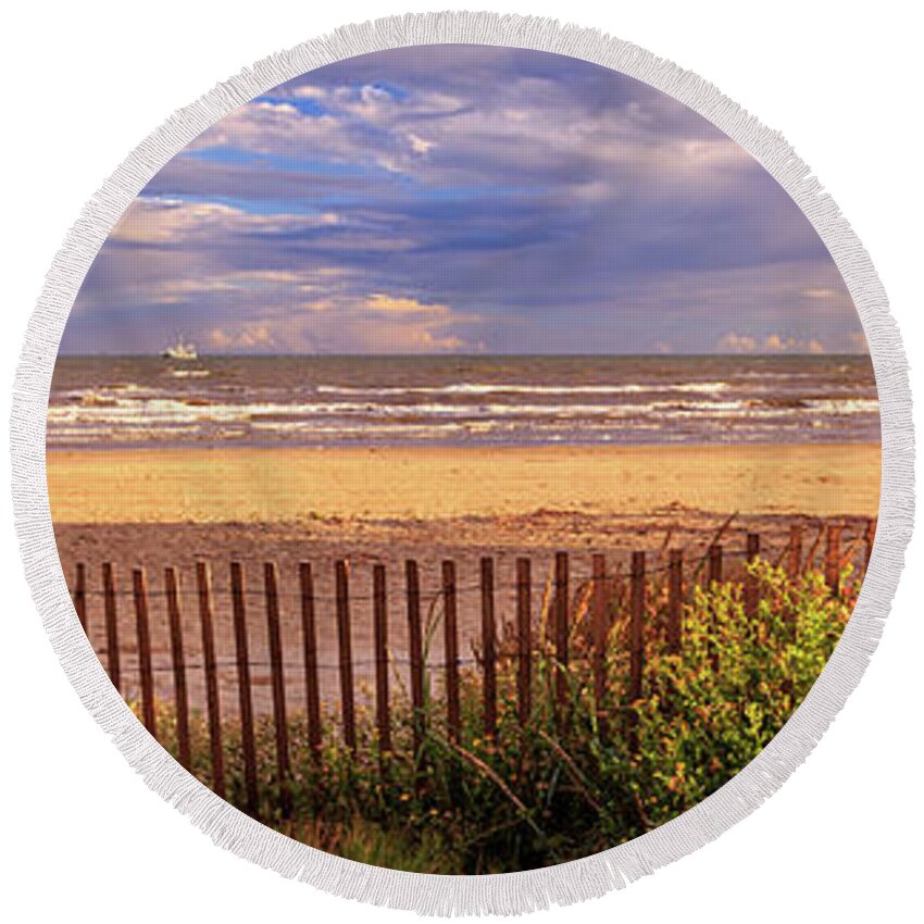 Clouds Round Beach Towel featuring the photograph A Stormy Day In Galveston Panorama by James Eddy