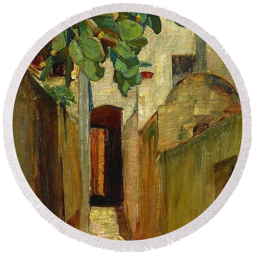A Street In Capri Round Beach Towel featuring the painting A street in Capri by John William Waterhouse