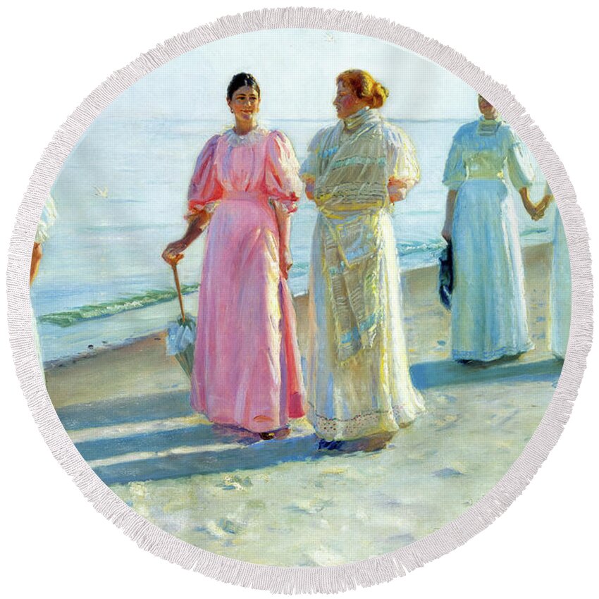 Michael Ancher Round Beach Towel featuring the painting A Stroll on the Beach by Michael Peter Ancher