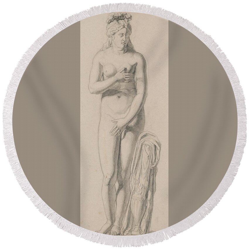 Round Beach Towel featuring the drawing A study of an ancient female figure by Jozef Hanula Slovak