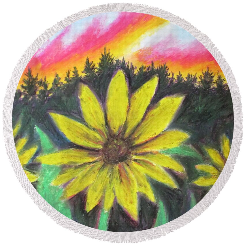 Sunflower Round Beach Towel featuring the painting A Sunflower Tiding by Jen Shearer