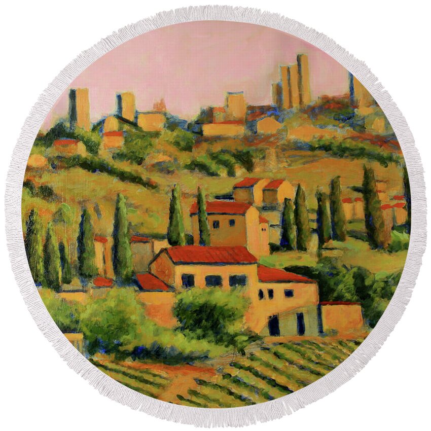 Red Tile Roofs Round Beach Towel featuring the painting A Tuscan View by David Zimmerman