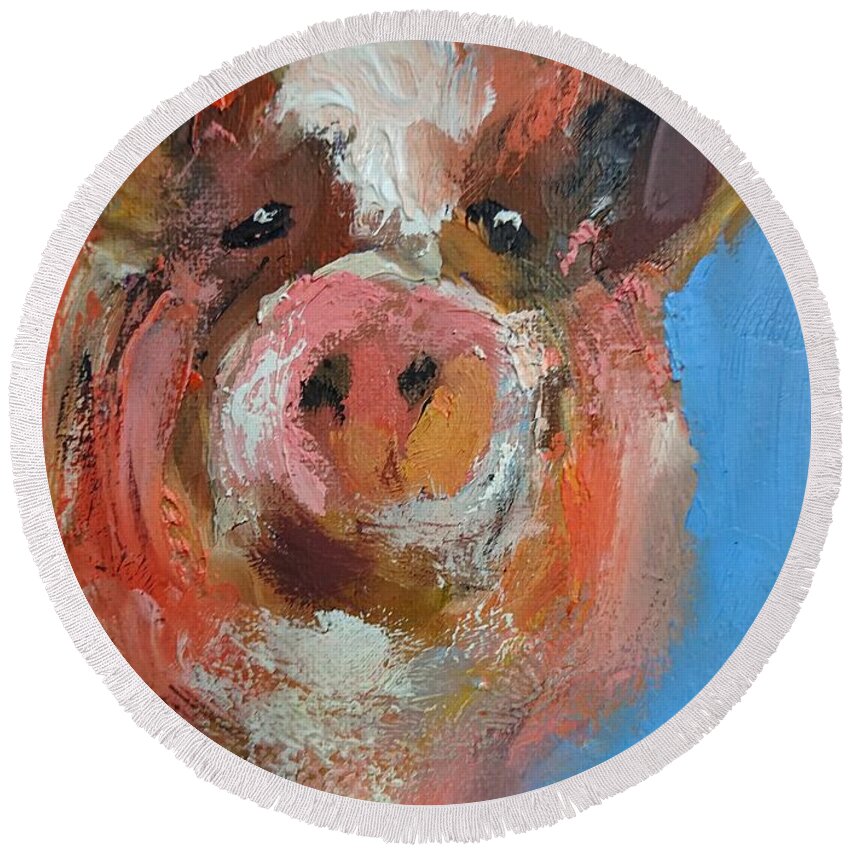 A Vibrant Painting Of A Piglet On Blue Round Beach Towel featuring the painting A vibrant painting of a piglet on blue by Mary Cahalan Lee - aka PIXI
