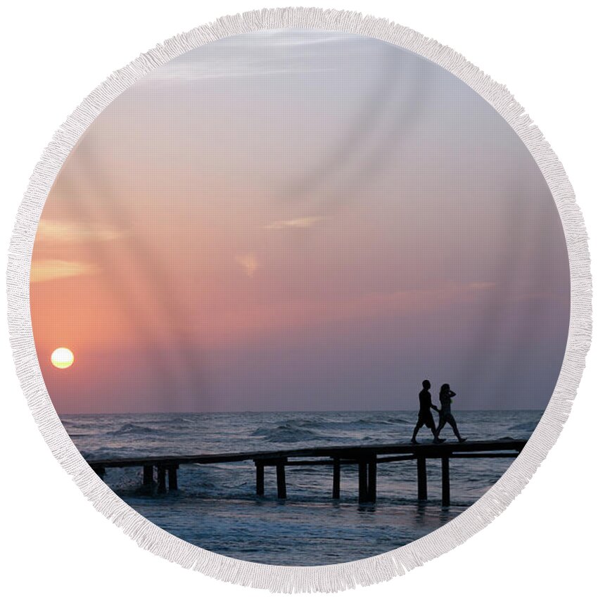 Caribbean Round Beach Towel featuring the photograph A Walk on the Pier at Sunset by Karen Lee Ensley