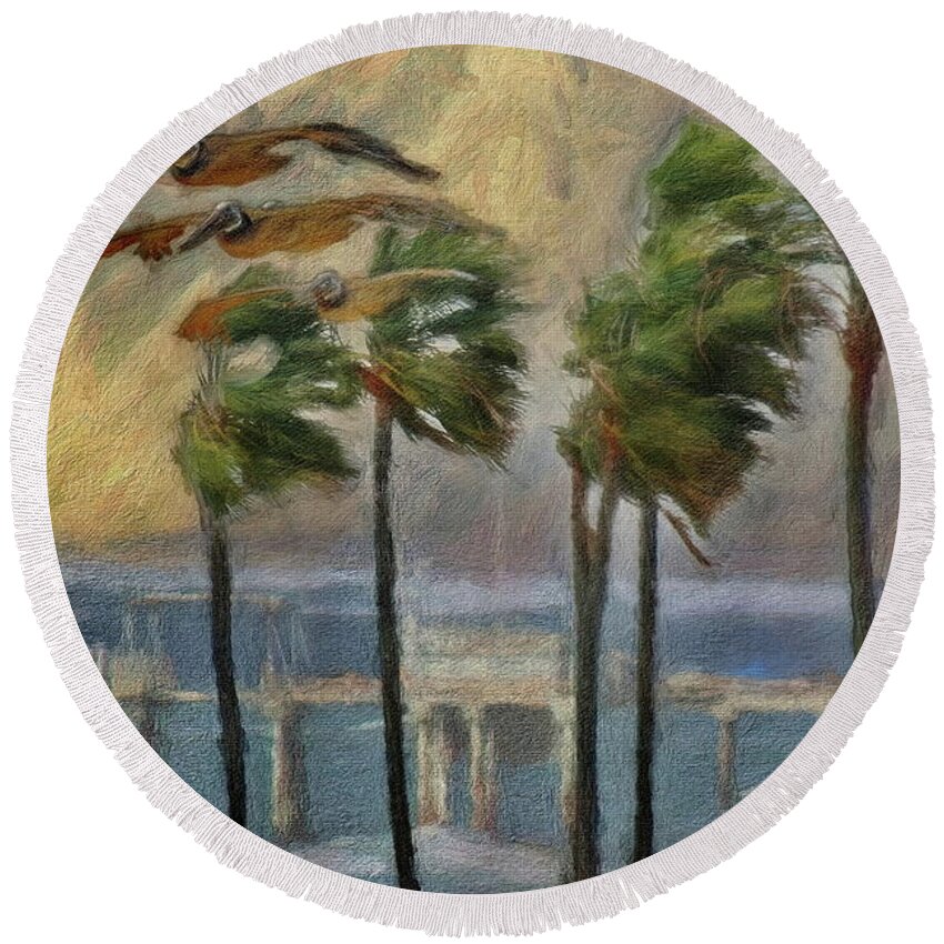 La Jolla Round Beach Towel featuring the digital art A Windy Day at La Jolla Shores by Russ Harris