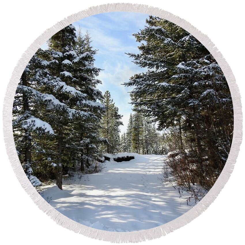 A Winter Trail Round Beach Towel featuring the photograph A Winter Trail by Nicola Finch