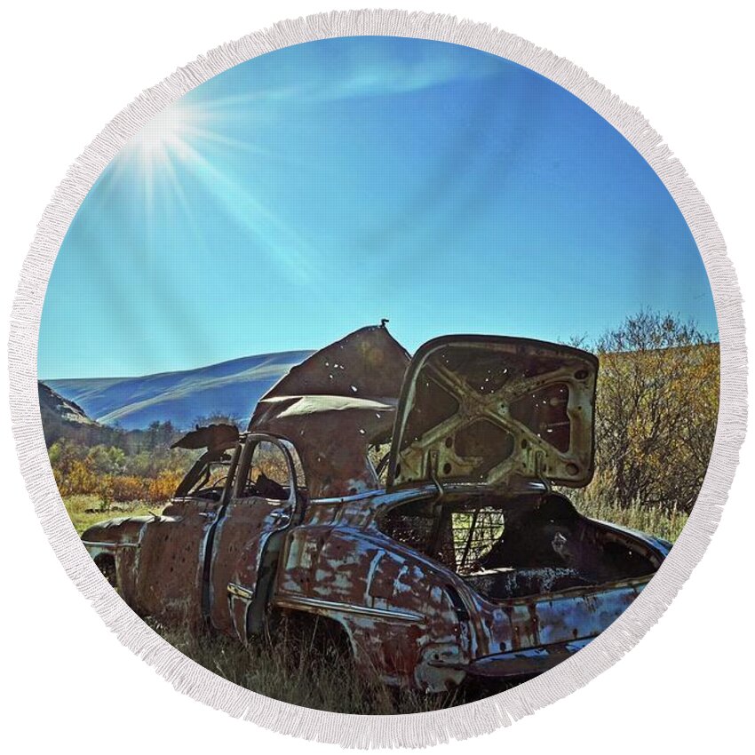  Round Beach Towel featuring the digital art Abandone Car R/C by Fred Loring