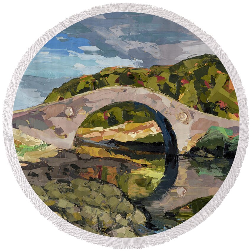 Scotland Round Beach Towel featuring the painting Abandoned Bridge, 2015 by PJ Kirk