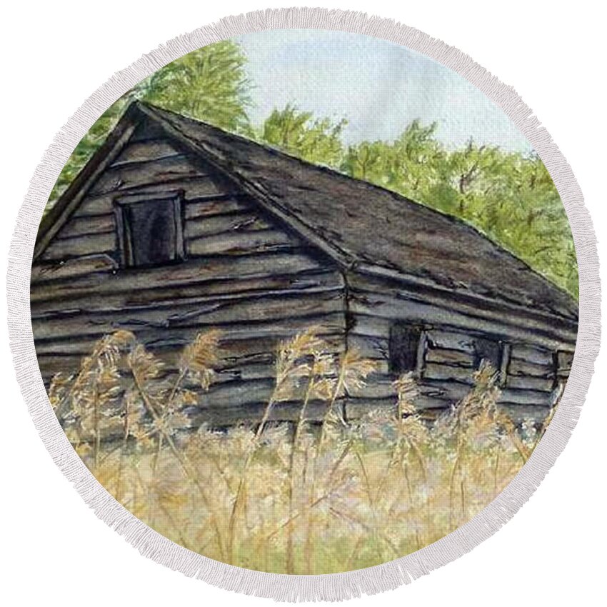 Cabin Round Beach Towel featuring the painting Abandoned Cabin by Kelly Mills
