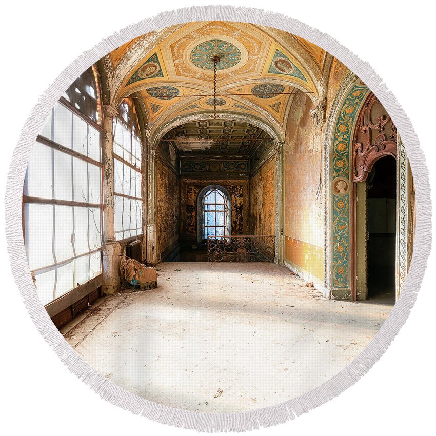 Abandoned Round Beach Towel featuring the photograph Abandoned Corridor in Villa by Roman Robroek