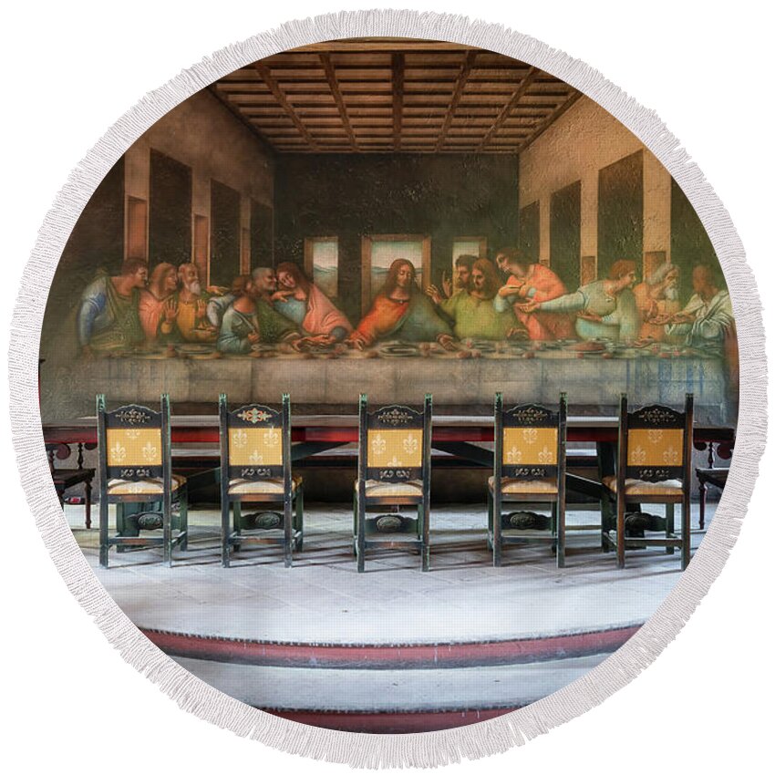 Abandoned Round Beach Towel featuring the photograph Abandoned Painting of the Last Supper by Roman Robroek