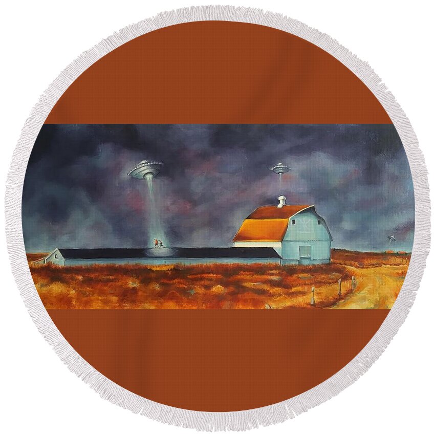 Alien Round Beach Towel featuring the painting Abduction of the Innocents by Jean Cormier