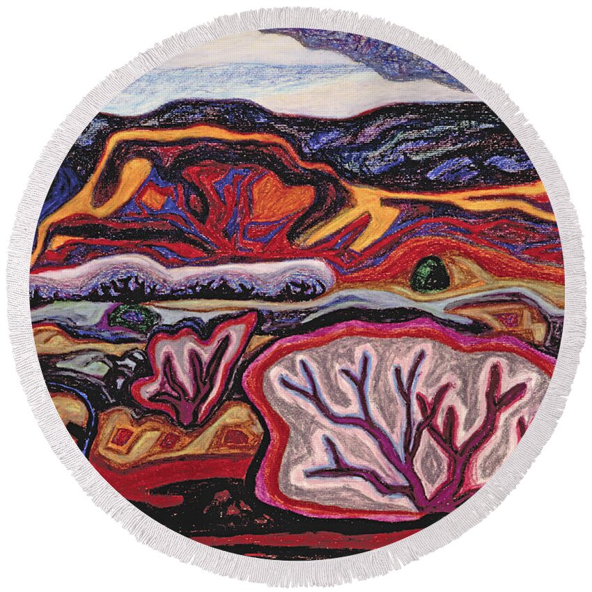 Contemporary Landscape Painting Round Beach Towel featuring the painting Abiquiu by Dale Beckman